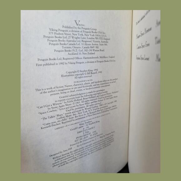 First Edition 1992 Stephen King's "Gerald's Game" Hardcover Novel - Picture 3 of 5